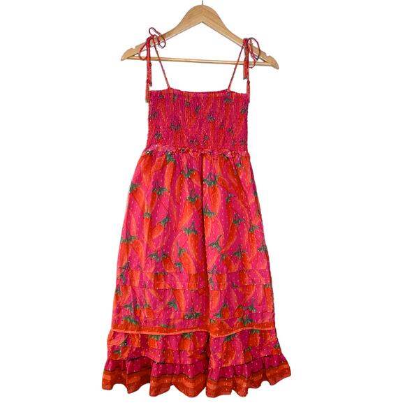 Farm Rio Red Pepper Smocked Tie Ruffle Hem Beaded Strap Dress Red Small - Picture 2 of 14